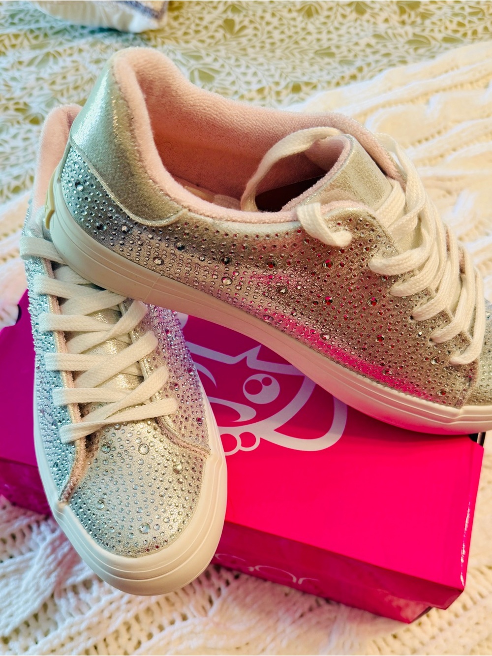Sugar Women's Silver Rhinestone Lace-Up Athletic Sneakers with Pink Lining